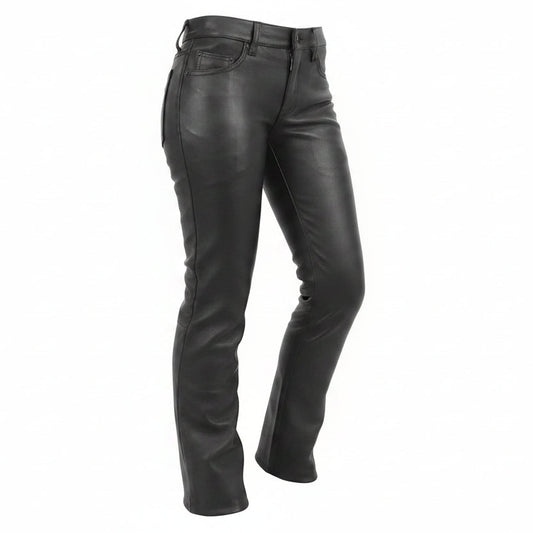 Womens Black Genuine Cowhide Leather Five Pockets Bikers Trousers Breeches Pants