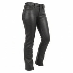 Womens Black Genuine Cowhide Leather Five Pockets Bikers Trousers Breeches Pants