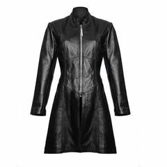 Front view of a ladies black real sheepskin Nappa leather Steampunk Gothic trench coat featuring a full front zipper and mandarin collar.