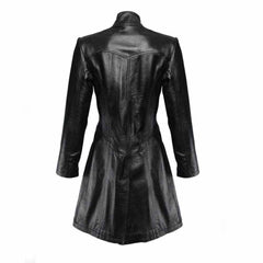 Back profile of a women's black lambskin leather coat displaying tailored panel seams, a cinched waist structure, and a rear bottom vent.