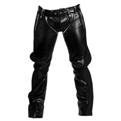 A pair of men's black cowhide leather bondage jeans with belt loops, side zipper pockets, and a front closure with press studs and two parallel zippers.