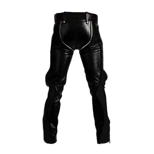 Black leather pants with a distinctive high-rise waist, front zipper detailing, and side pockets, shown against a plain white background.