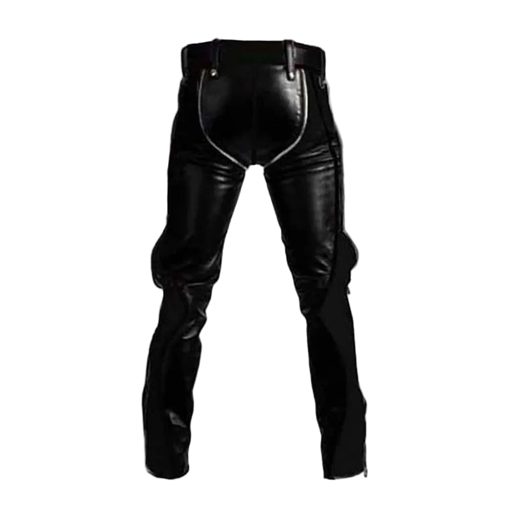 Black leather pants with a distinctive high-rise waist, front zipper detailing, and side pockets, shown against a plain white background.
