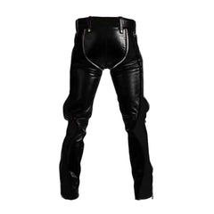 Black leather pants with a distinctive high-rise waist, front zipper detailing, and side pockets, shown against a plain white background.