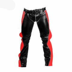 Mens Black Cowhide Leather Bondage Jeans With Red Contrast BLUF Breeches Trousers
