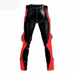 Mens Black Cowhide Leather Bondage Jeans With Red Contrast BLUF Breeches Trousers