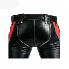 Mens Black Cowhide Leather Bondage Jeans With Red Contrast BLUF Breeches Trousers
