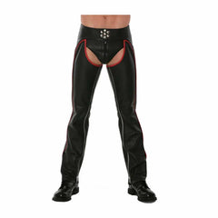 Men's Real Bikers Chaps Leather Chaps Red Piping Leather Gay Chaps Trousers With Jockstrap