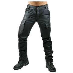 Mens Black Cowhide Soft and Plain Saddleback Cargo Leather Gay Pants Trousers