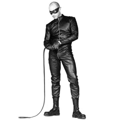 A man wearing a black leather catsuit with a two-way zipper, wrist and ankle zipper details, and a mask with a large eye opening.