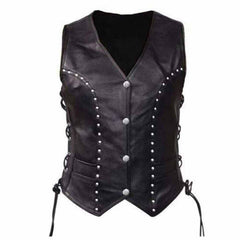 Womens Soft Leather Waistcoat Vest With Detailed Side Lacing Biker Style Vest