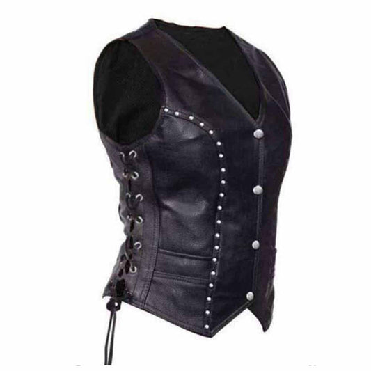 Womens Soft Leather Waistcoat Vest With Detailed Side Lacing Biker Style Vest