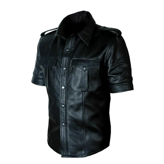 Uniforme de policía de cuero de oveja Real para hombre, camisa Gay BLUFF, medias mangas