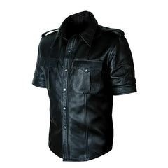 Uniforme de policía de cuero de oveja Real para hombre, camisa Gay BLUFF, medias mangas