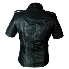 Uniforme de policía de cuero de oveja Real para hombre, camisa Gay BLUFF, medias mangas