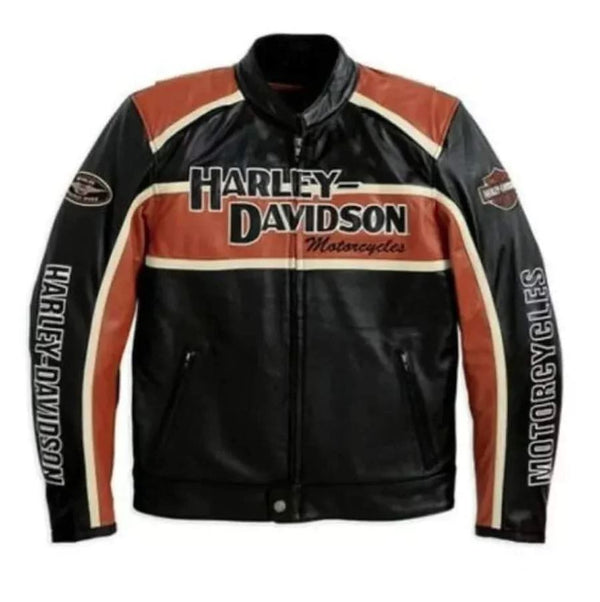 Men’s Harley Davidson Classic Black & Orange Motorcycle Leather Jacket
