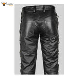 Pantalones BLUF con cordones de cuero de vaca negro para hombre, pantalones vaqueros con pantalones de cuero para motociclistas